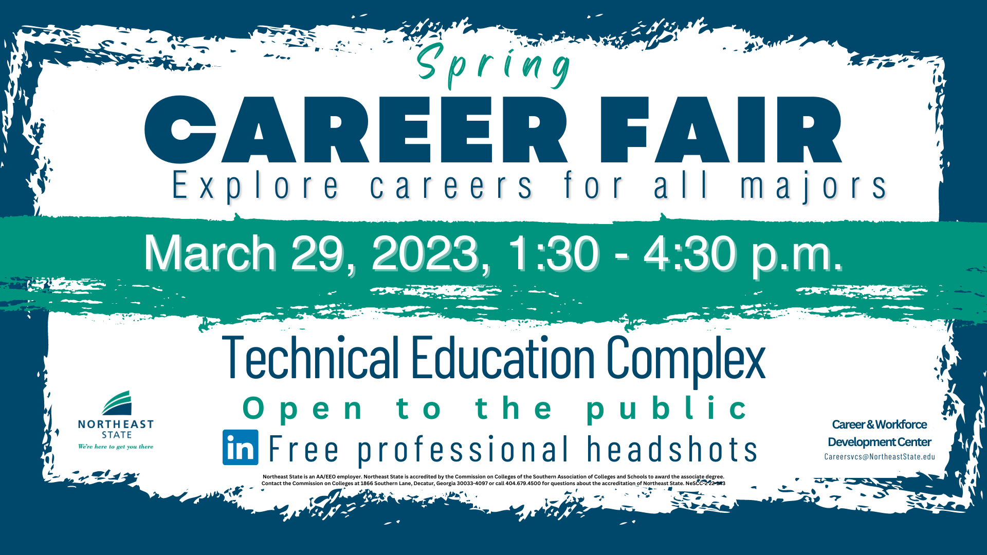 A visual promoting Northeast State's 2023 Spring Career Fair on March 29 from 1:30 to 4:40 p.m. at the Technical Education Center at the Blountville campus.