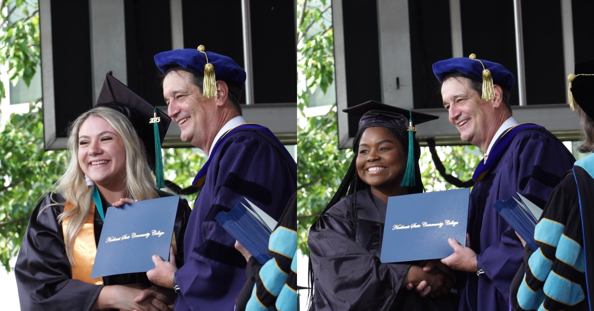Alyssa Moles (left) and Rashida Rashid (right) are among five student-parents who graduated with their degrees in Northeast State's Spring 2023 Commencement.
