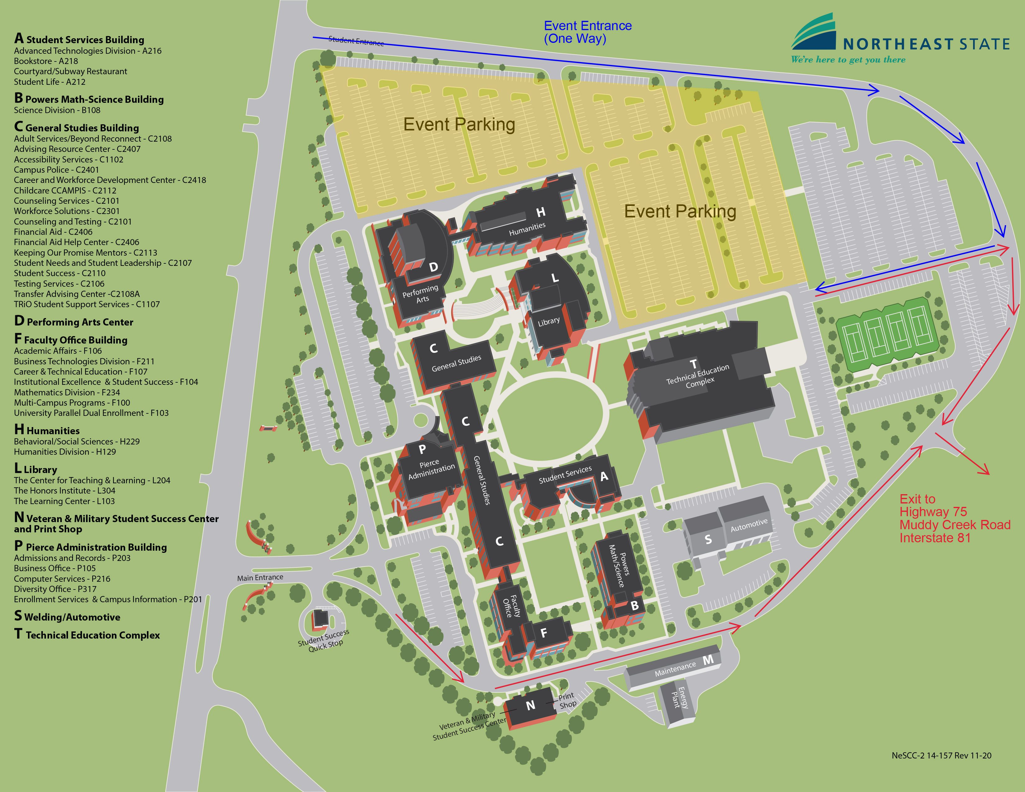Campus map for entrance and exit to the Blountville campus for spring graduation.