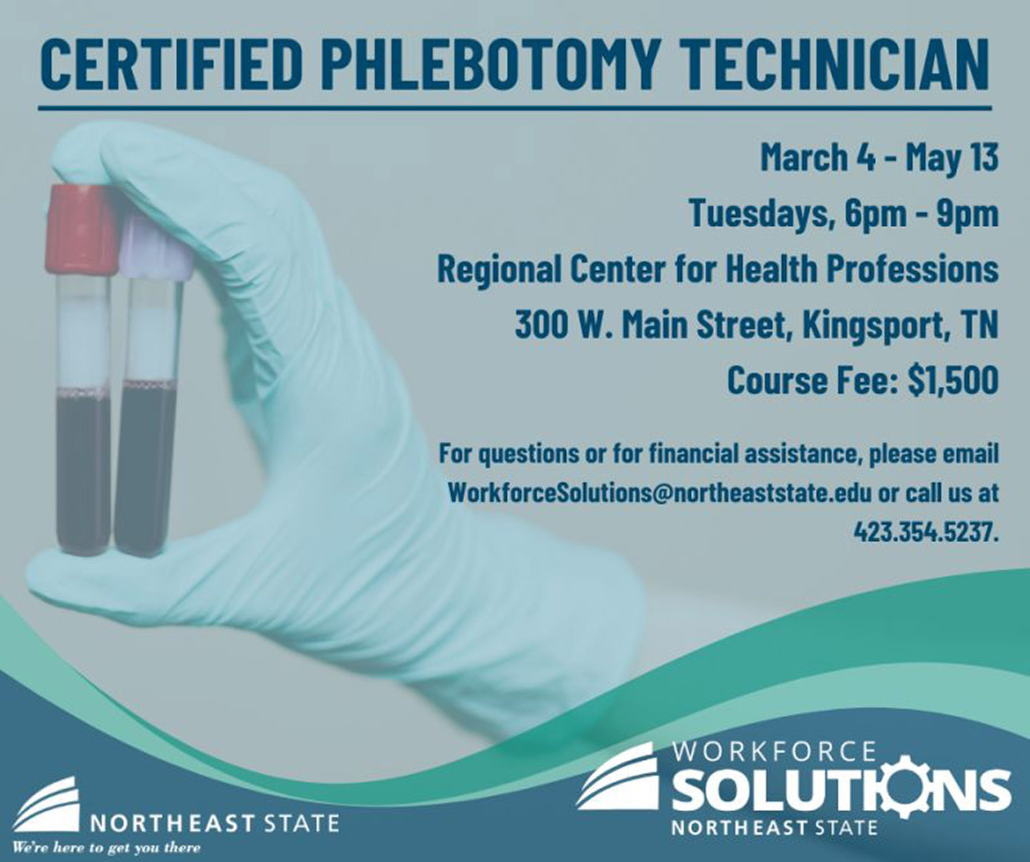 Northeast State Community College’s Office of Workforce Solutions announces open registration for a Certified Phlebotomy Technician (CPT) course beginning March 4, 2025 at the Regional Center for Health Professions in Kingsport.