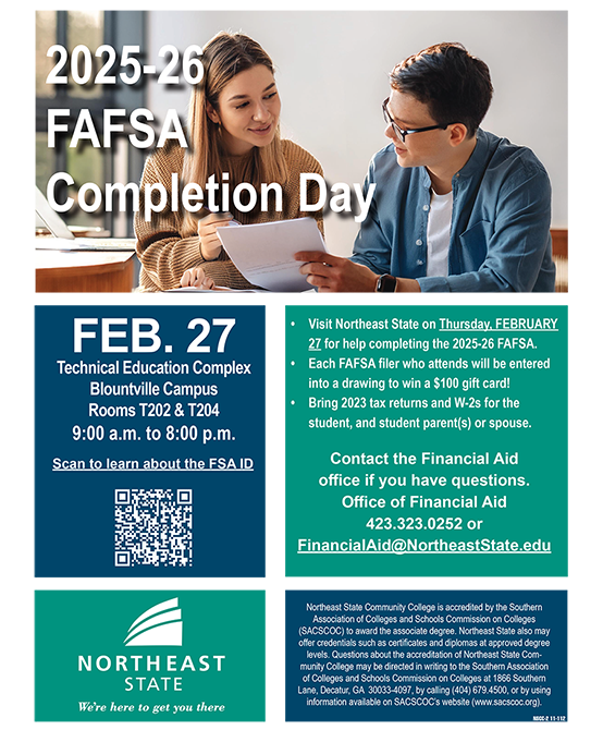 Complete your FAFSA filing for financial aid at the FAFSA Completion Day scheduled February 27 from 9:00 a.m. to 8:00 p.m. at the Blountville campus.