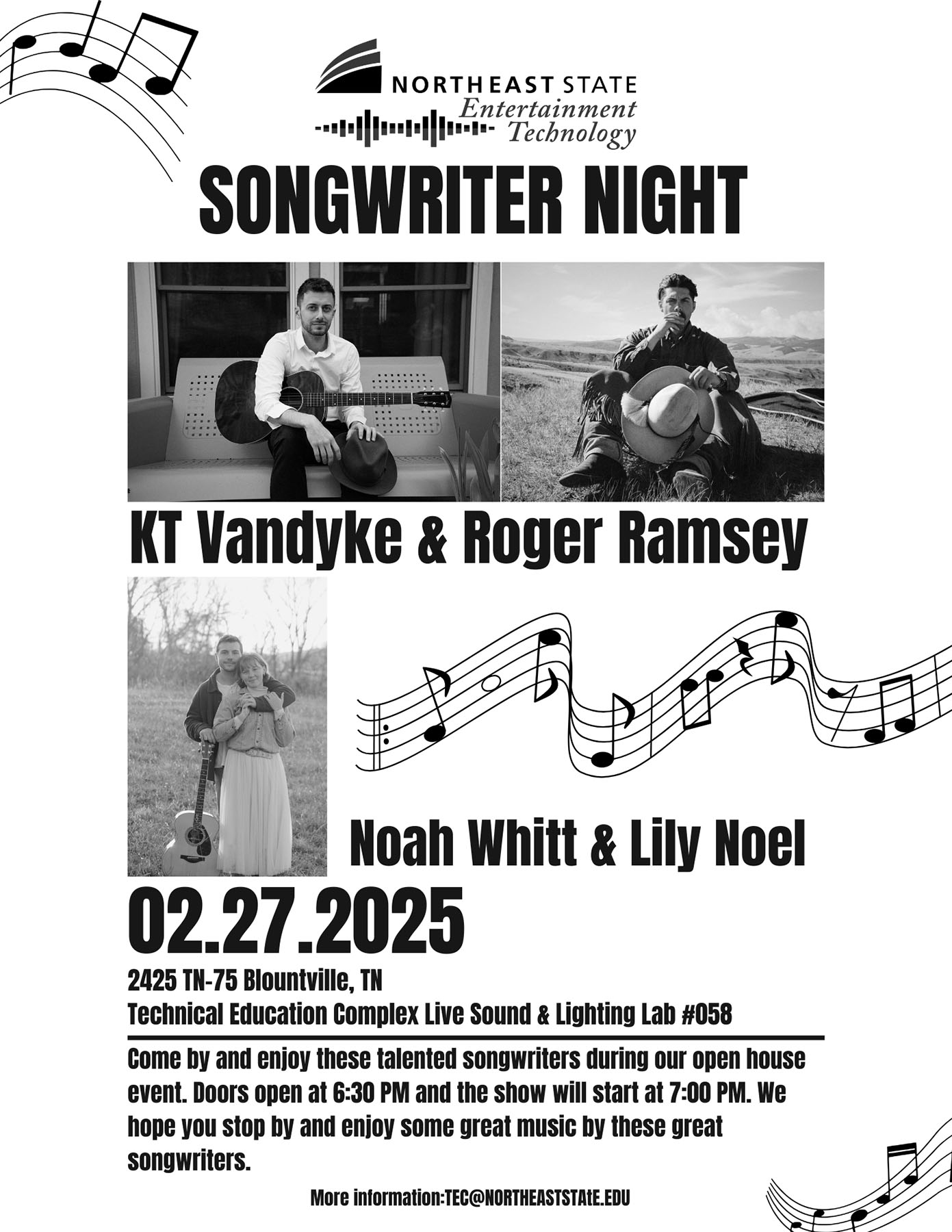 The Entertainment Technology program welcomes singer/songwriters K.T. Vandyke, Roger Ramsey, and the duo of Noah Whitt and Lilly Noel to perform in the Entertainment Technology Sound and Lighting Lab (Room O58) in the Technical Education Complex. The performance begins at 7:00 p.m. Admission is free and open to anyone interested in live music.
