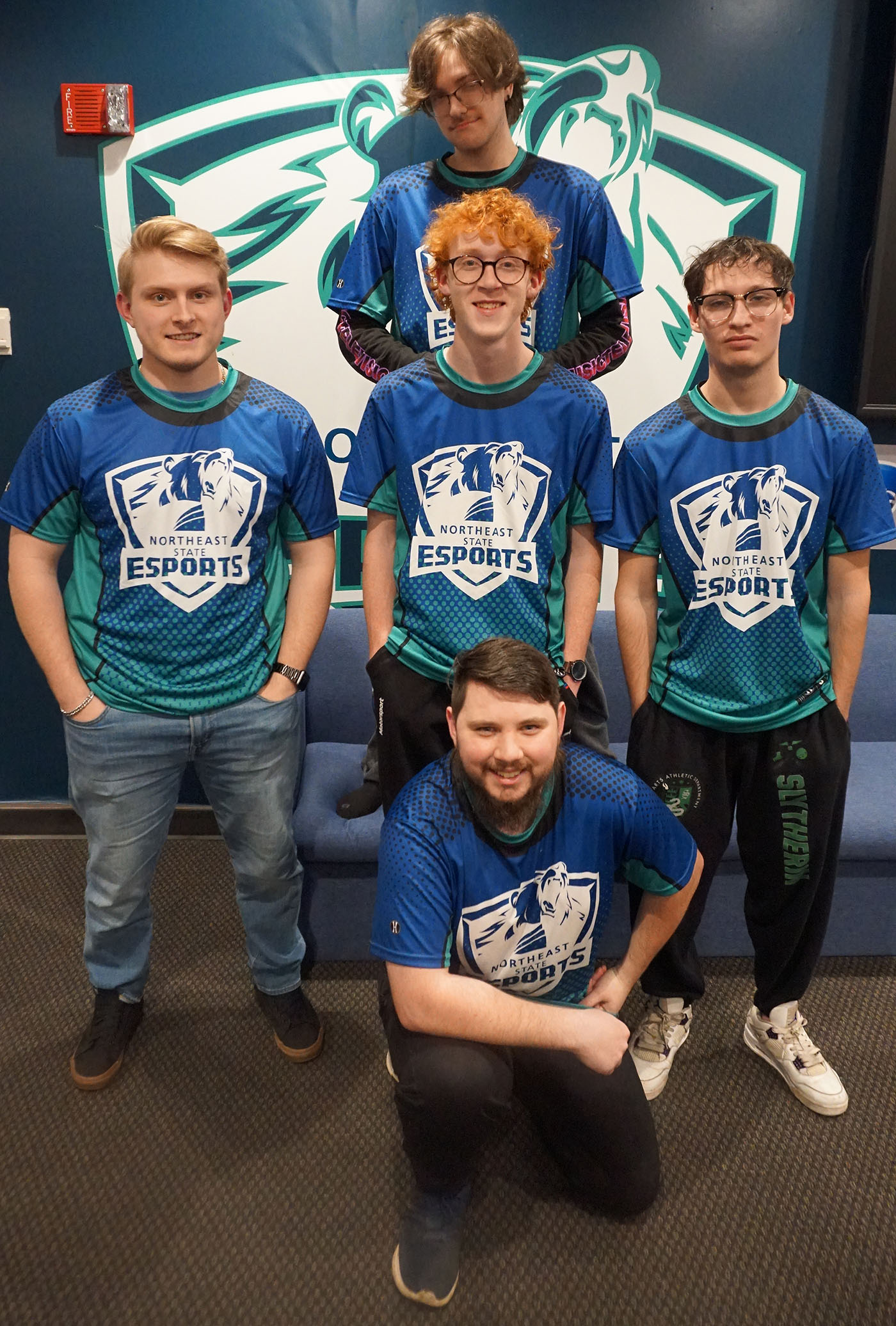 Rocket League Team A Trey Baker (top) and Jacob Sexton (far left) with Team B Preston Darling (center), Payton Pierce far right), and James Matthew Crane (foreground). Not pictured, Team A's Cody Worley.