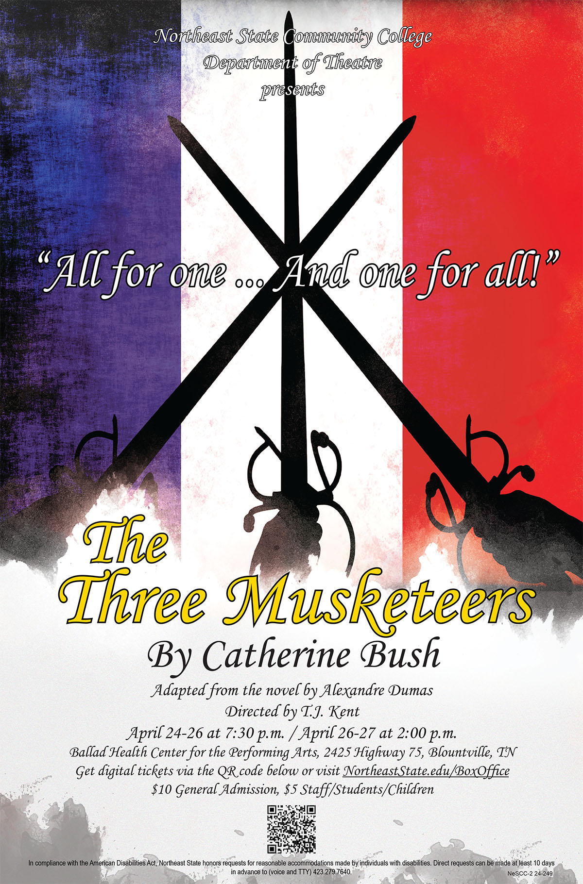 Northeast State Theater stages The Three Musketeers April 24-27 at the BHCPA Theater in Blountville. Get tickets now at https://northeaststate.vbotickets.com/events.