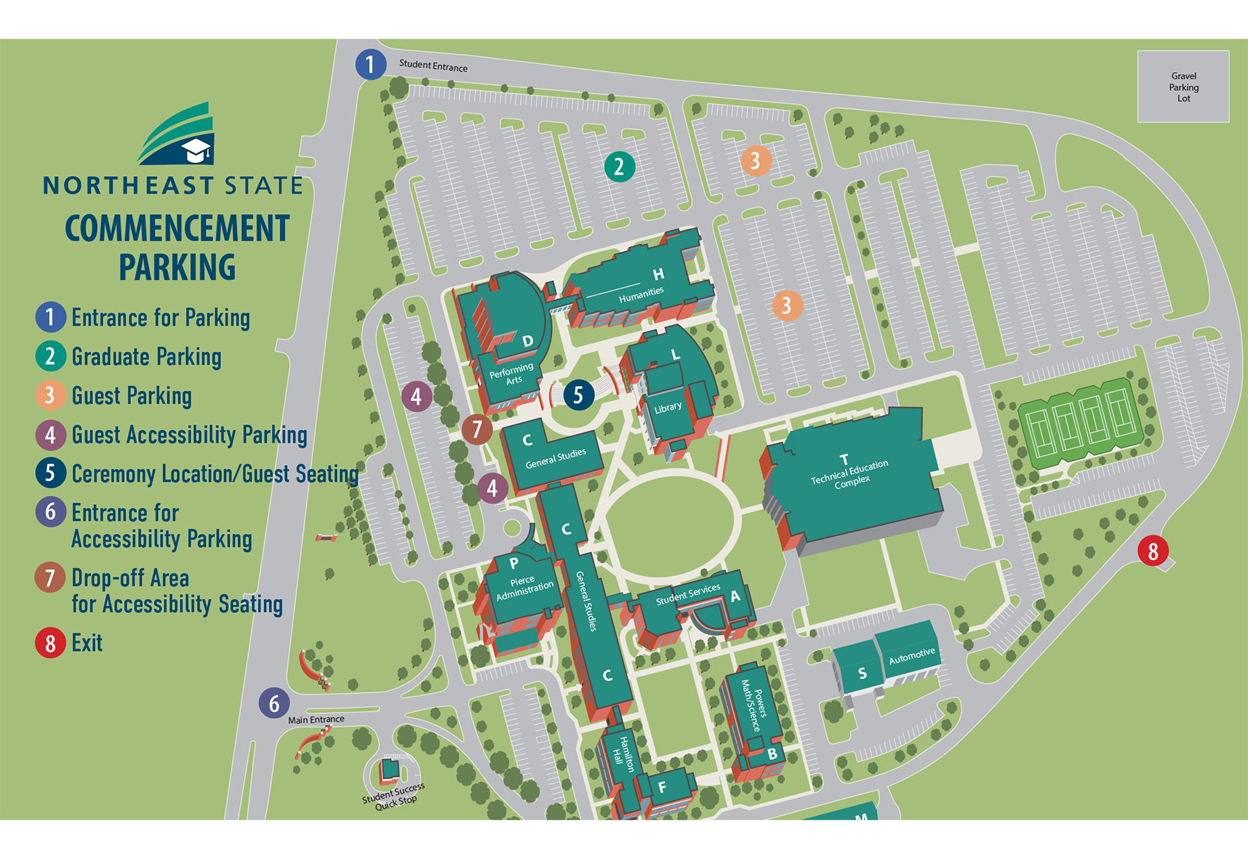 The campus map of Blountville identifies entrance and parking areas for spring commencement on May 13.