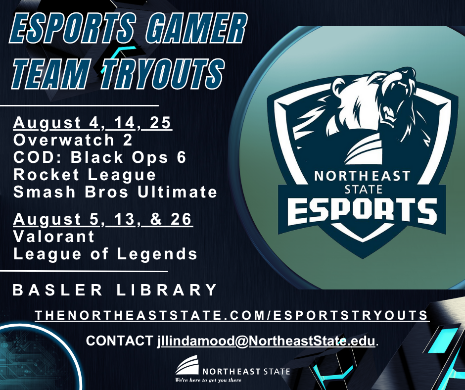 Northeast State Esports program hosts team game tryouts beginning August 4 in the Wayne G. Basler Esports Arena. Test your gaming skills and join the teams of Valorant; League of Legends; Overwatch 2; Call of Duty; Rocket League; and Super Smash Brothers Ultimate, among other potential game teams.
