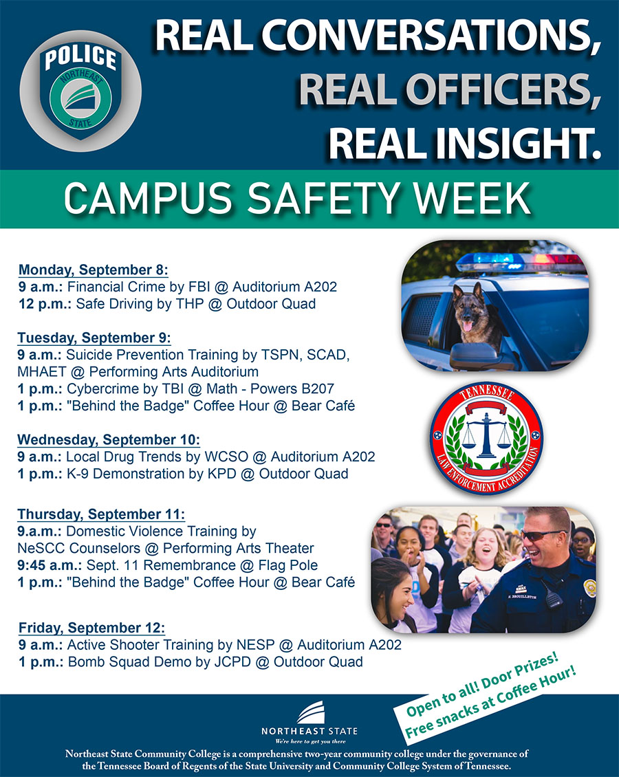 The college’s Campus Police Department features a series of events designed to educate and empower students, faculty, and staff. This week features feature seminars and demonstrations led by local, state, and federal law enforcement professionals.