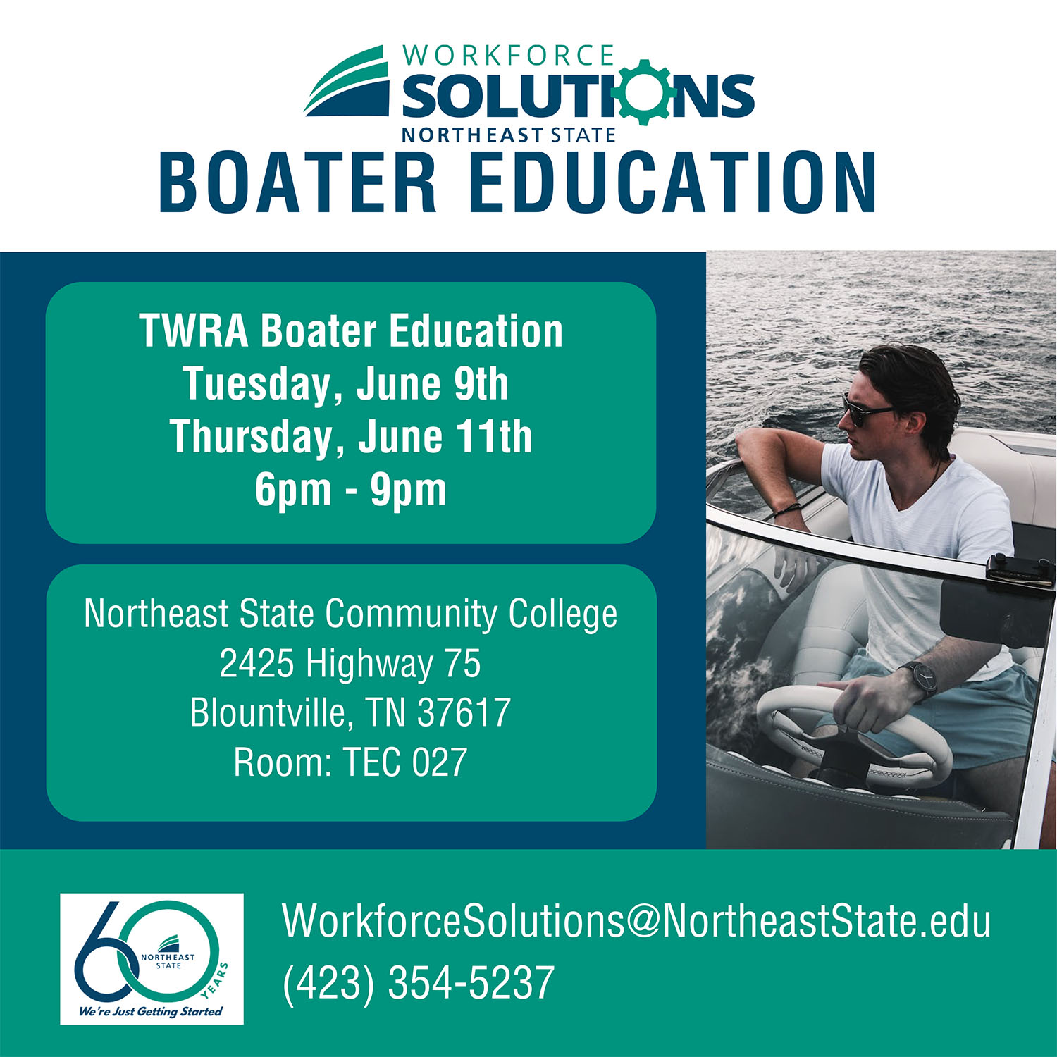 The one day boater education course takes place June 9, and June 11, from 6:00 p.m. - 8:00 p.m. on both days