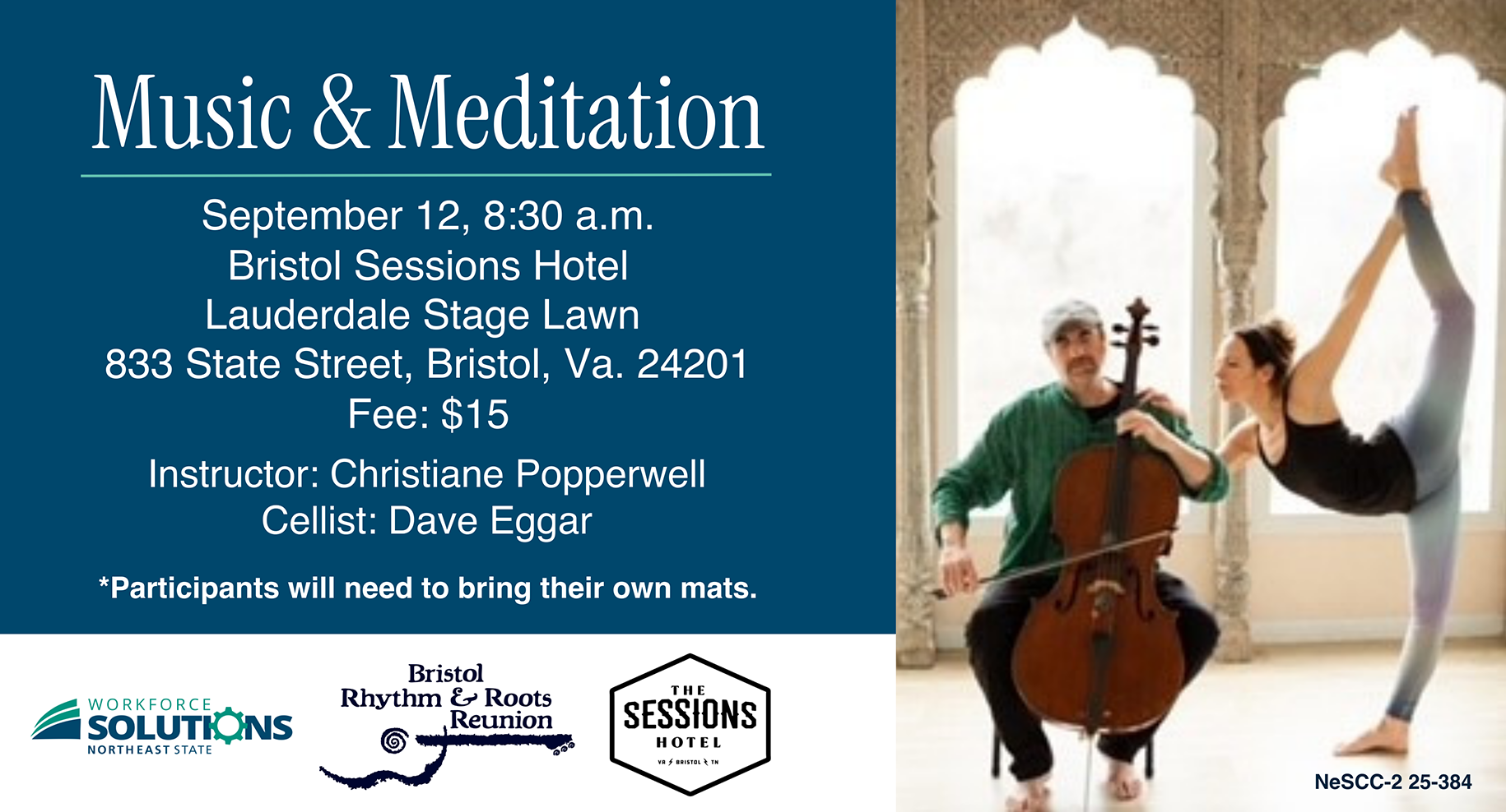 The Music and Meditation event invites Rhythm and Roots Festival attendees and the general community to renew their bodies and minds with a special relaxation class held at The Sessions Hotel in downtown Bristol on Sept. 12, from 8:30 a.m. to 11:00 a.m.